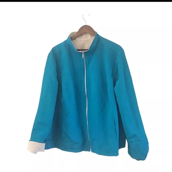 Lafayette 148 Linen Blend Reversible Jacket Full Zip Cream Turquois Womens 22 - Picture 6 of 12